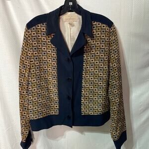 Design by Pat Argenti 10 navy taupe graphics 💯 silk lined jacket euc